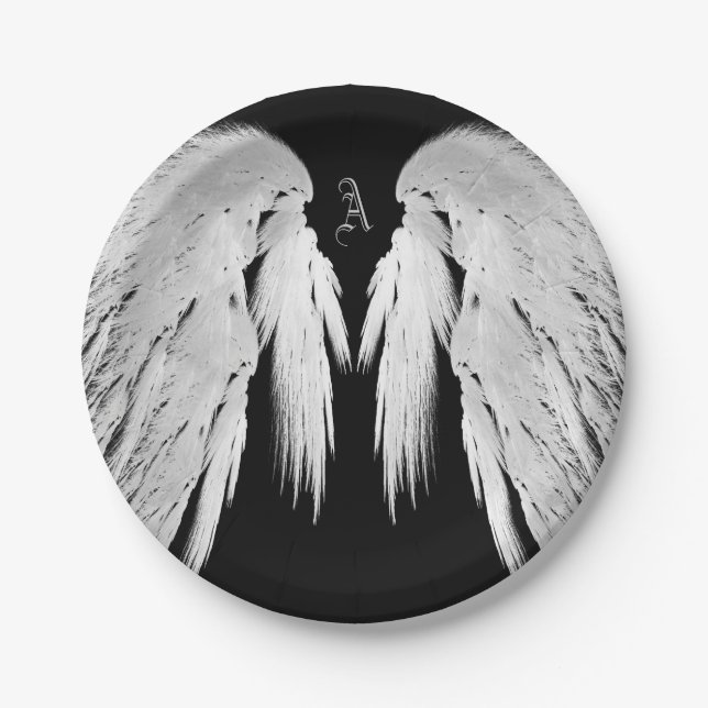 ANGEL WINGS Black Custom Monogram Paper Plates (Front)