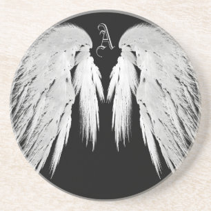 ANGEL WINGS Black Custom Monogram Sandstone Coaster
