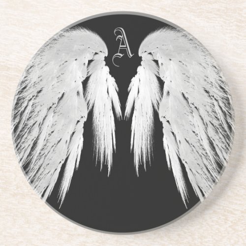ANGEL WINGS Black Custom Monogram Sandstone Coaster