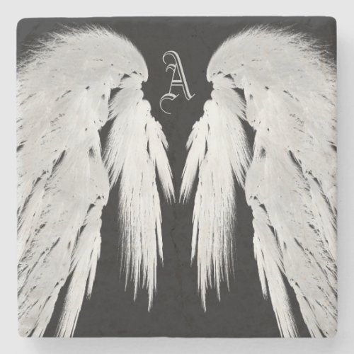ANGEL WINGS Black Custom Monogram Stone Coaster