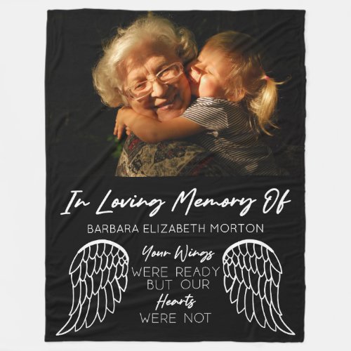 Angel Wings Black Custom Photo Memorial Gift Fleece Blanket