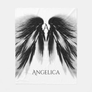 ANGEL WINGS Black Gray Monogram Fleece Blanket