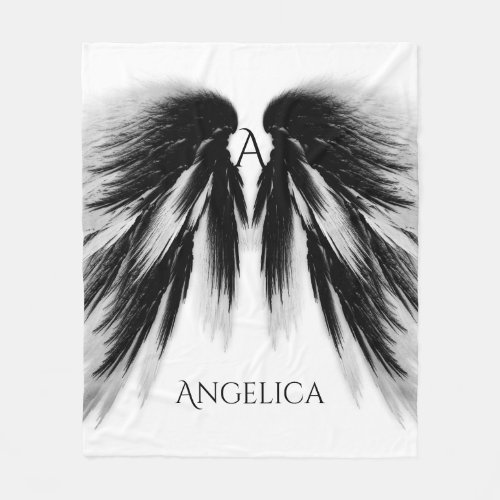 ANGEL WINGS Black Gray Monogram Fleece Blanket