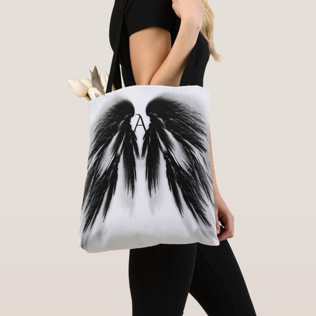 ANGEL WINGS Black Gray Monogram Tote Bag (Close Up)