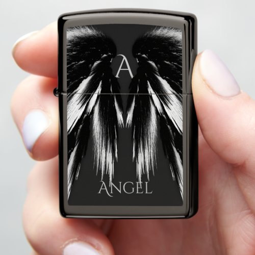 Angel Wings Black Gray Name Monogram Zippo Lighter