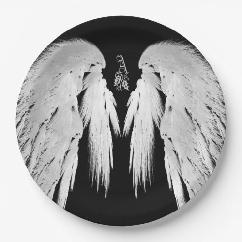 ANGEL WINGS Black Heavenly Holly Monogram Paper Plates