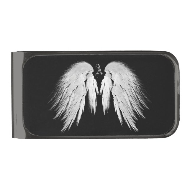 ANGEL WINGS Black Horizontal Custom Monogram Gunmetal Finish Money Clip (Front)