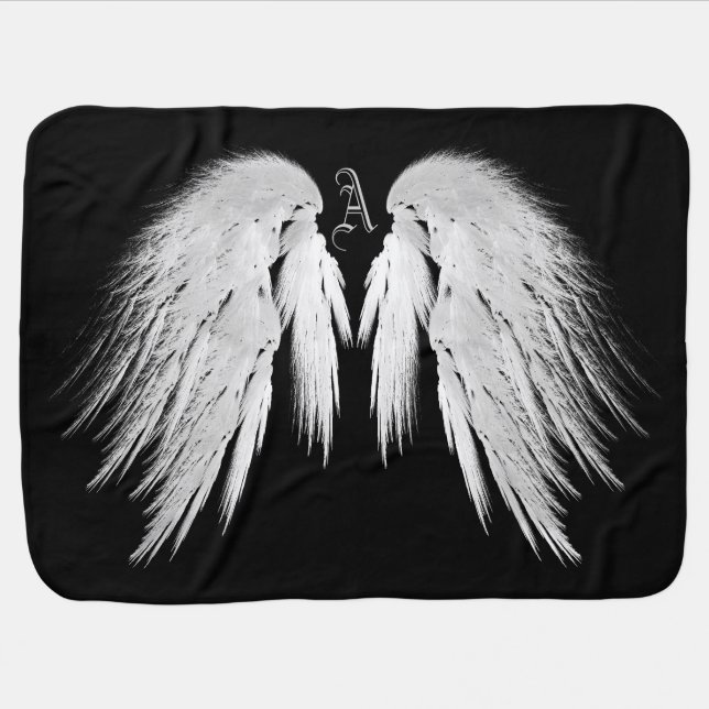 ANGEL WINGS Black Monogram Receiving Blanket (Horizontal)