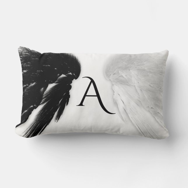 ANGEL WINGS Black + White Monogram Lumbar Pillow (Front)