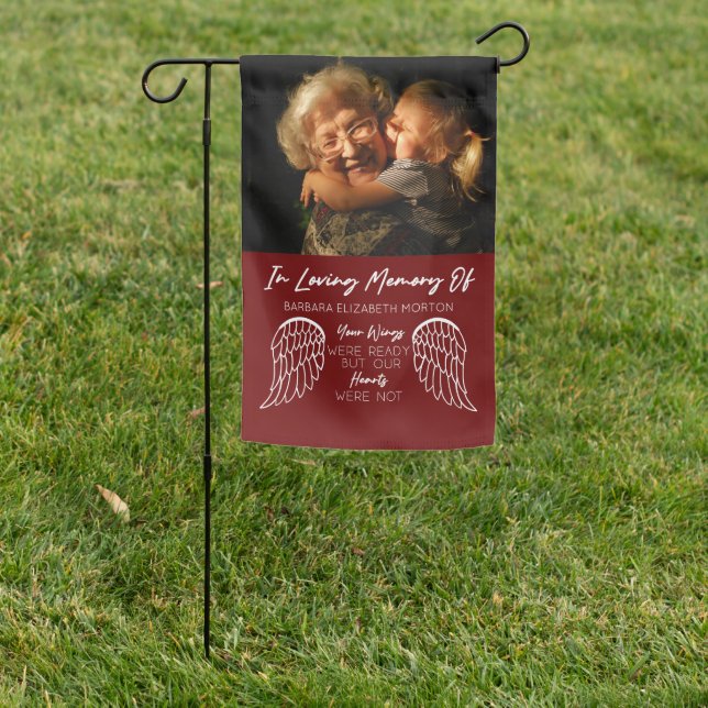 Angel Wings Burgundy Custom Photo Memorial Gift Garden Flag (In SItu)