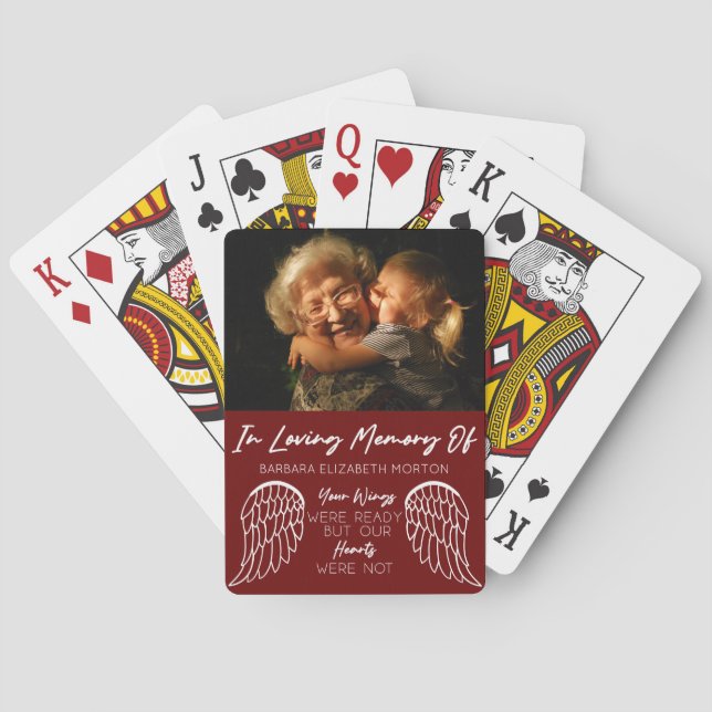 Angel Wings Burgundy Custom Photo Memorial Gift Poker Cards (Back)