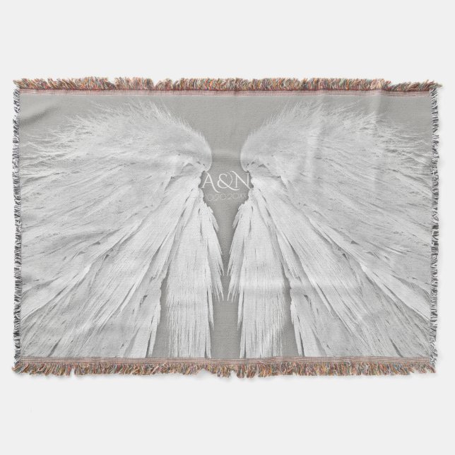 ANGEL WINGS Couple's Initials Elegant Grey Throw Blanket (Front)
