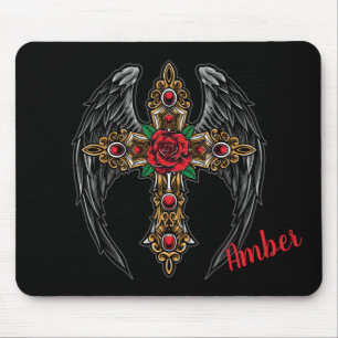Angel Wings, Cross and Roses Mouse Pad