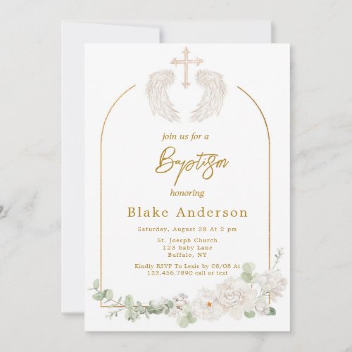 Angel Wings Cross Gold Baby Baptism  Invitation