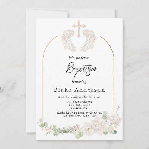 Angel Wings Cross Gold Baby Baptism  Invitation