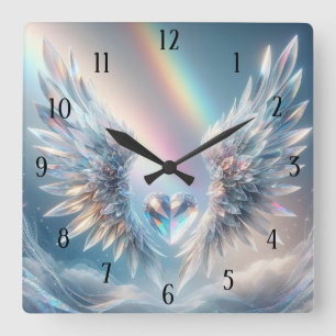 Angel Wings Crystal Heart Square Wall Clock