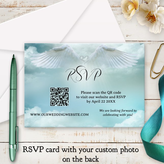 Angel Wings Dream Cloud QR Code Wedding RSVP Card (RSVP card featuring angel wings on a dreamy cloud - with QR code template and custom photo)