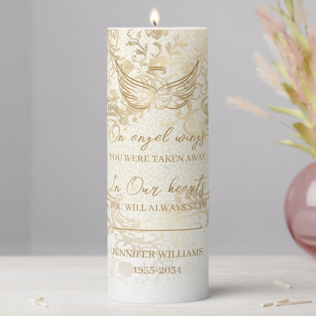 Angel Wings Elegant Gold Custom Woman Memorial Pillar Candle (In Situ)