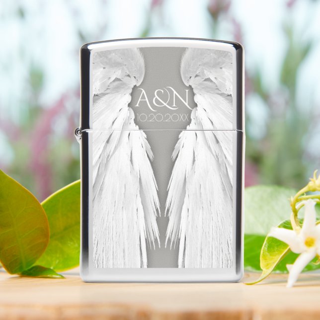 ANGEL WINGS Elegant Grey Monogram Zippo Lighter (On Table)
