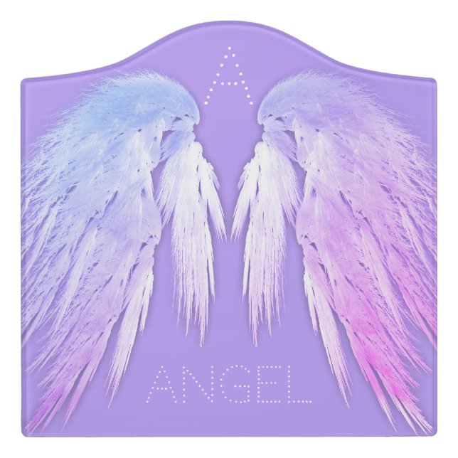 ANGEL WINGS Fairy Purple Custom Name Monogram Door Sign (Large Crest Front)