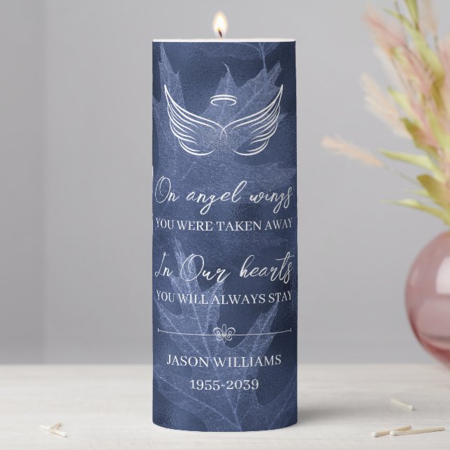 Angel Wings Fall Leaves Custom Men Memorial Pillar Candle (In Situ)