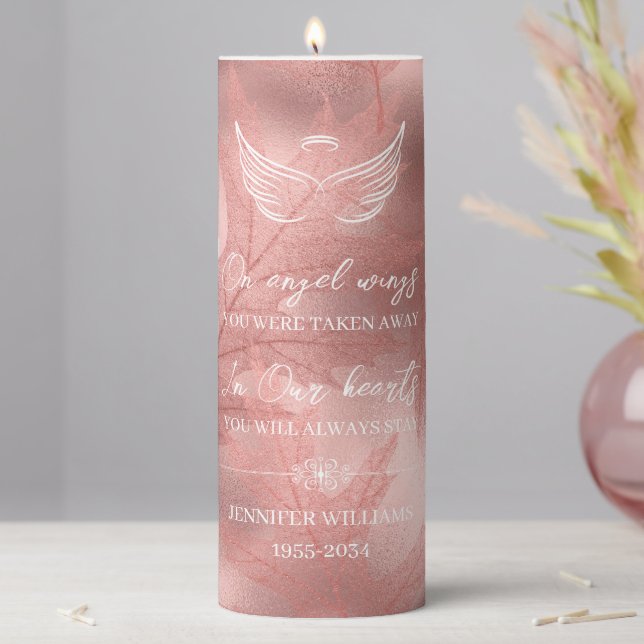 Angel Wings Fall Leaves Rose Gold Custom Memorial Pillar Candle (In Situ)