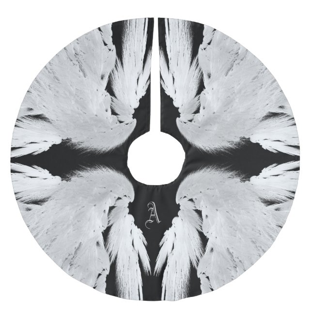 ANGEL WINGS Gray Touched Feathers Custom Monogram Brushed Polyester Tree Skirt (Front)
