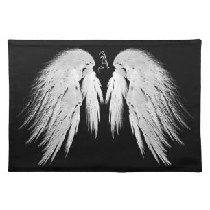 ANGEL WINGS Gray Touched Feathers Custom Monogram Cloth Placemat