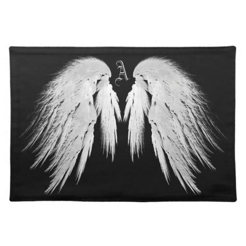 ANGEL WINGS Gray Touched Feathers Custom Monogram Cloth Placemat