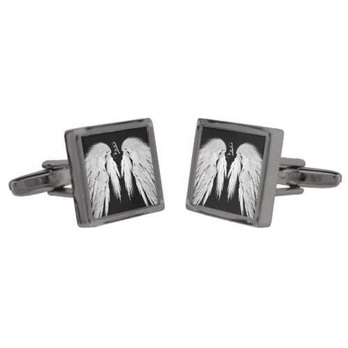 ANGEL WINGS Gray Touched Feathers Custom Monogram Cufflinks