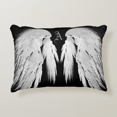 ANGEL WINGS Gray Touched Feathers Custom Monogram Decorative Pillow