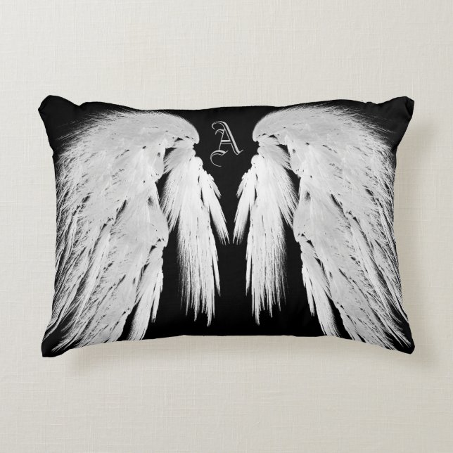 ANGEL WINGS Gray Touched Feathers Custom Monogram Decorative Pillow (Front)