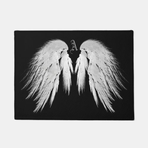 ANGEL WINGS Gray Touched Feathers Custom Monogram Doormat
