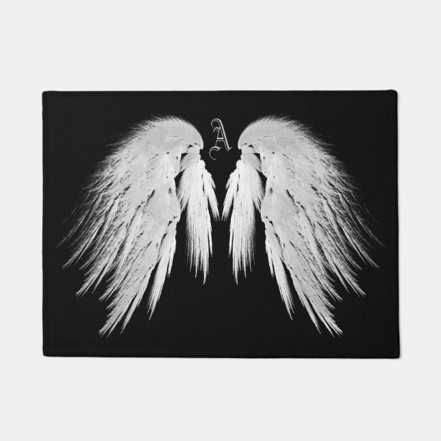 ANGEL WINGS Gray Touched Feathers Custom Monogram Doormat (Front)