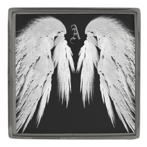 ANGEL WINGS Gray Touched Feathers Custom Monogram Gunmetal Finish Lapel Pin