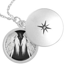 ANGEL WINGS Gray Touched Feathers Custom Monogram Locket Necklace