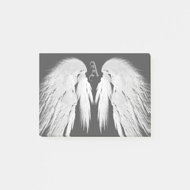 ANGEL WINGS Gray Touched Feathers Custom Monogram Post-it Notes (Front)