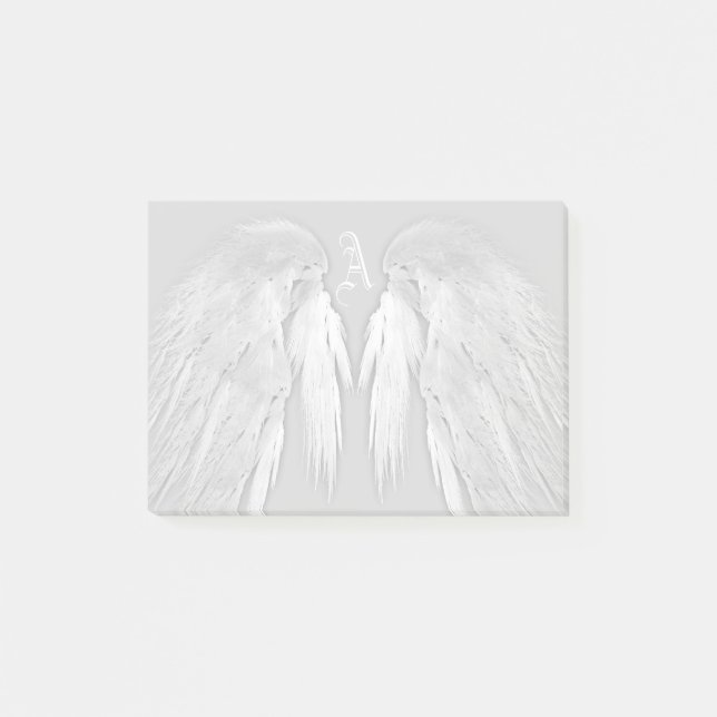 ANGEL WINGS Gray Touched Feathers Custom Monogram Post-it Notes (Front)