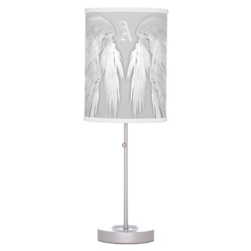 ANGEL WINGS Gray Touched Feathers Custom Monogram Table Lamp