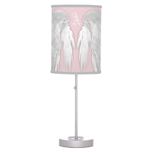 ANGEL WINGS Gray Touched Feathers Custom Monogram Table Lamp