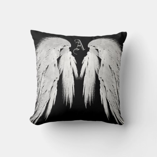 ANGEL WINGS Gray Touched Feathers Custom Monogram Throw Pillow