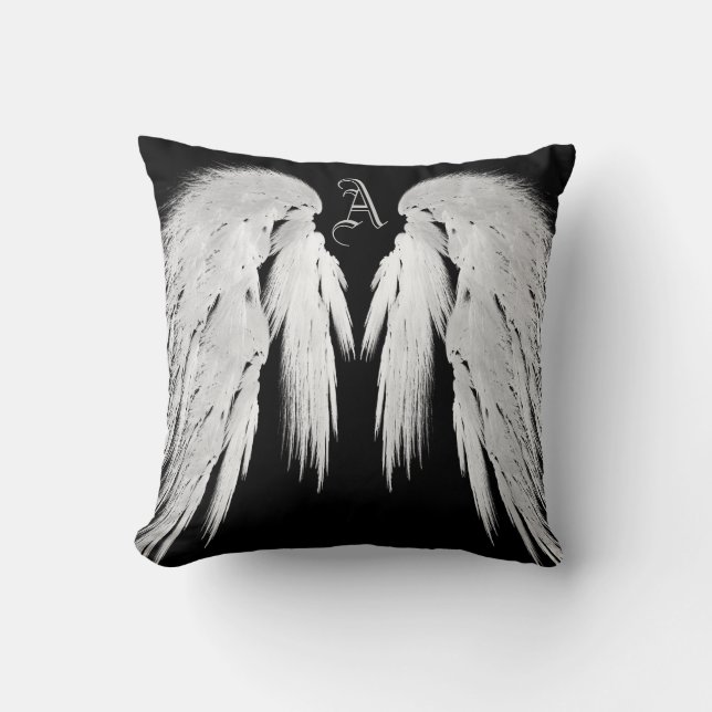 ANGEL WINGS Gray Touched Feathers Custom Monogram Throw Pillow (Front)