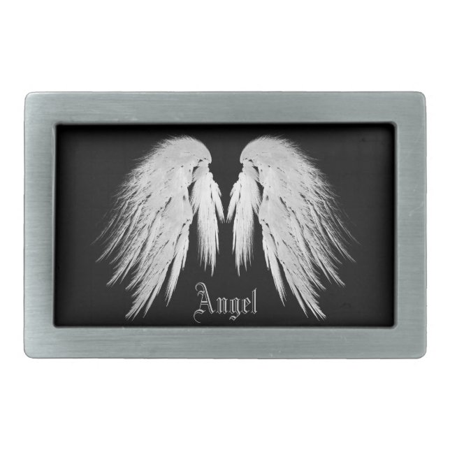 ANGEL WINGS Gray Touched Feathers Custom Name Belt Buckle (Front)