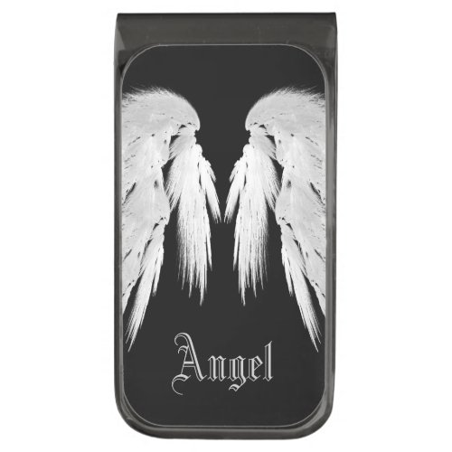 ANGEL WINGS Gray Touched Feathers Custom Name Gunmetal Finish Money Clip