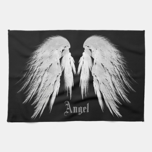 ANGEL WINGS Gray Touched Feathers Custom Name Kitchen Towel