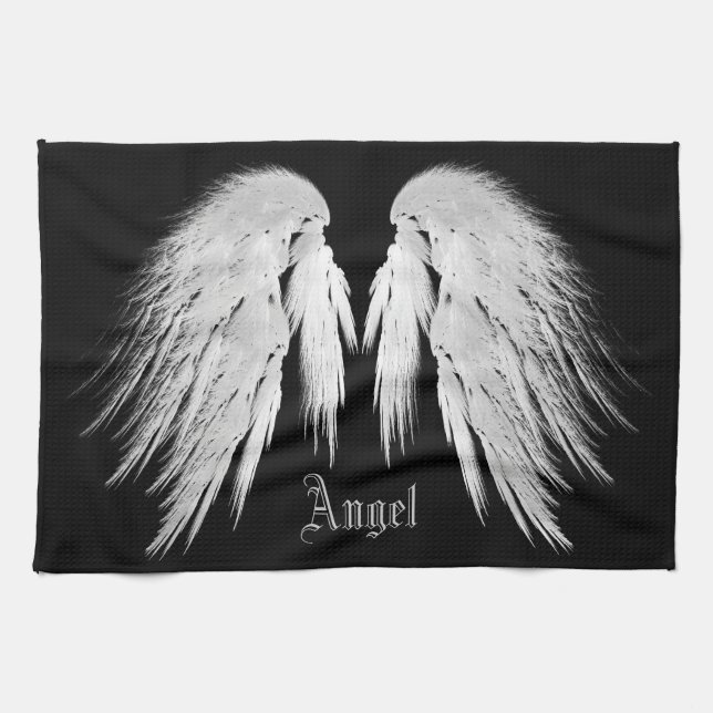 ANGEL WINGS Gray Touched Feathers Custom Name Kitchen Towel (Horizontal)