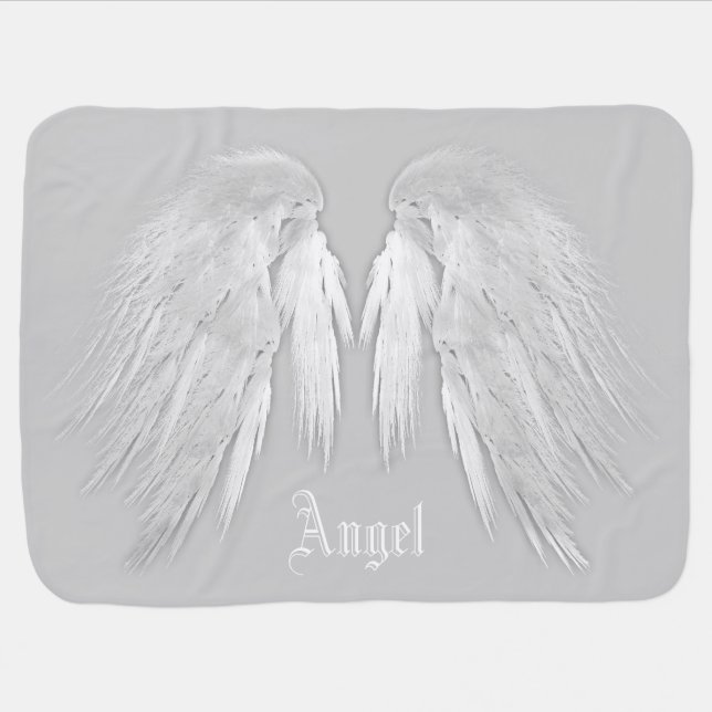 ANGEL WINGS Gray Touched Feathers Custom Name Swaddle Blanket (Horizontal)