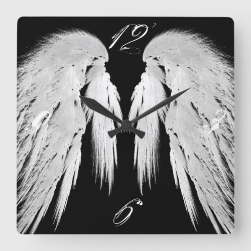 ANGEL WINGS Gray Touched Feathers Custom Numbers Square Wall Clock