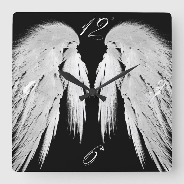 ANGEL WINGS Gray Touched Feathers Custom Numbers Square Wall Clock (Front)