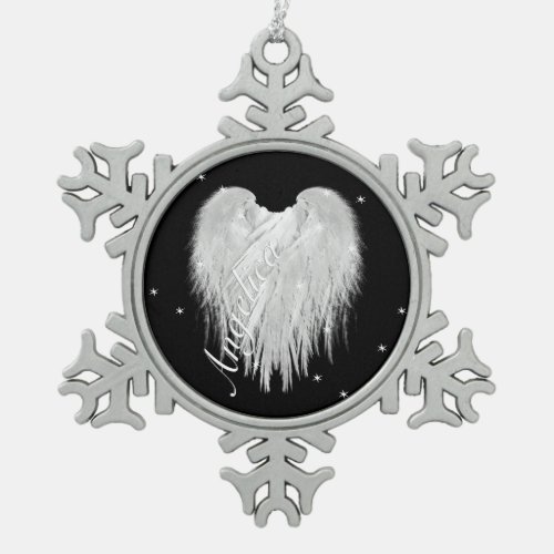 ANGEL WINGS Heart Black Starry Snowflake Pewter Christmas Ornament